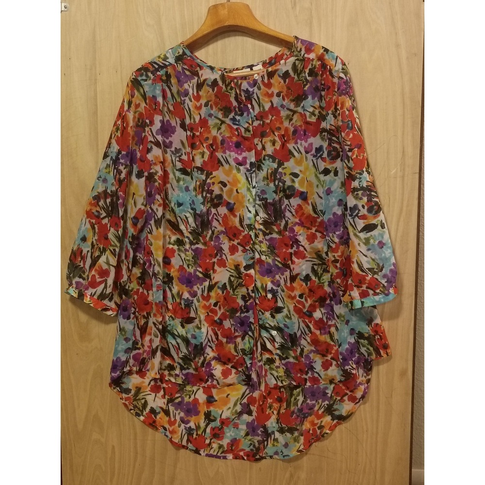 Cato Woman Floral Watercolor Button Front Tunic Blouse Multi Color 18/20W